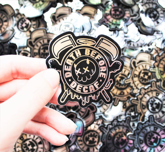 Weatherproof Vinyl Sticker. Chrome Death Before Decaf Decal. Coffee Lover Gift Idea. Grim Reaper Travel Mug Sticker. Hardcore Skull Sticker.