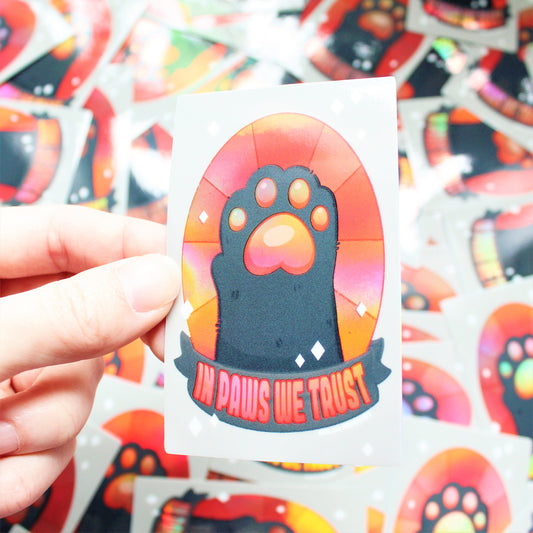 Weatherproof Vinyl Sticker. Goth Holographic In Paws We Trust Sticker. Black Cat Vinyl Sticker. Chonky Cat Witch Decal. Shiny Altar Decal