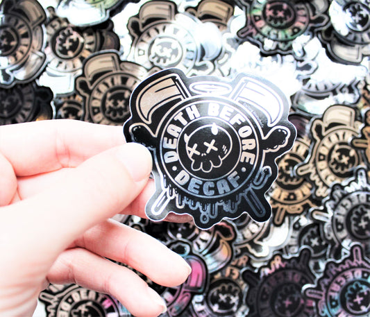 Weatherproof Vinyl Sticker. Chrome Death Before Decaf Decal. Coffee Lover Gift Idea. Grim Reaper Travel Mug Sticker. Hardcore Skull Sticker.