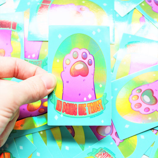 Weatherproof Vinyl Sticker. Pastel Holographic In Paws We Trust Sticker. Kawaii Cat Vinyl Sticker. Chonky Cat Witch Decal. Shiny Altar Decal