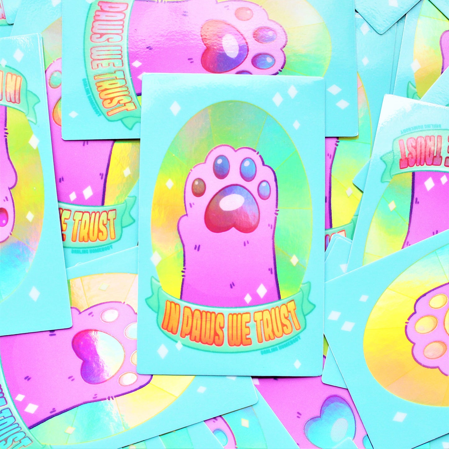 Weatherproof Vinyl Sticker. Pastel Holographic In Paws We Trust Sticker. Kawaii Cat Vinyl Sticker. Chonky Cat Witch Decal. Shiny Altar Decal