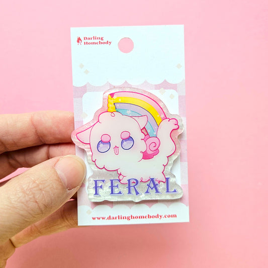 Feral Cat Alicorn Pin. Pink Pearl Acrylic Pin.