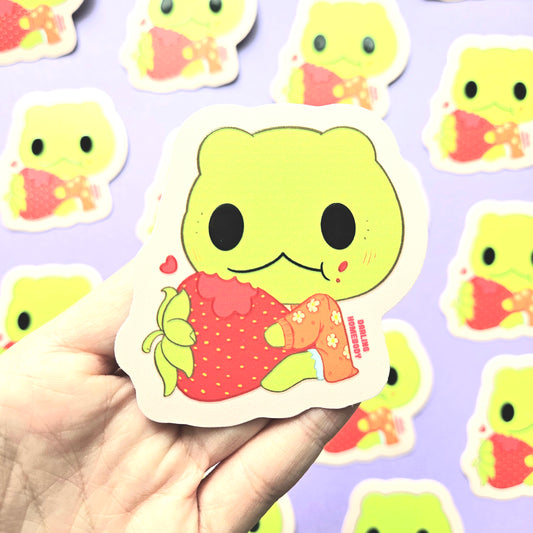 Frog Eating a Strawberry 2025 Limited Edition Sticker. Raised Texture Effect.