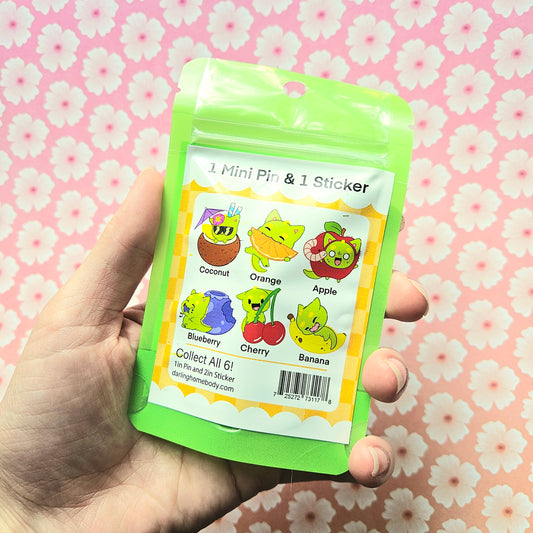 Dinocat Fruit Pin and Sticker Set