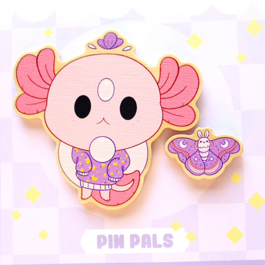 Wood Pin Set. Axolotl and Moth Pin Pals.