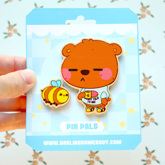 Wood Pin Set. Bear and Bumblebee Pin Pals.