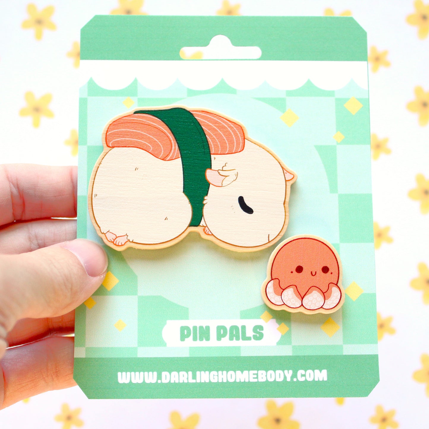 Wood Pin Set. Sushi Guineapig and Octopus Pin Pals.