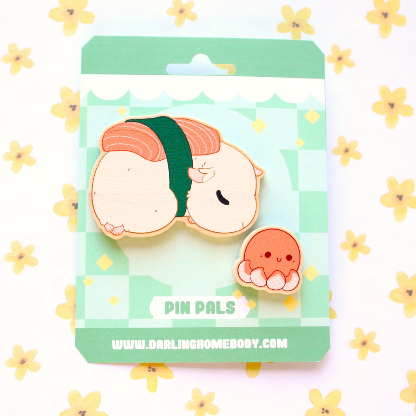 Wood Pin Set. Sushi Guineapig and Octopus Pin Pals.