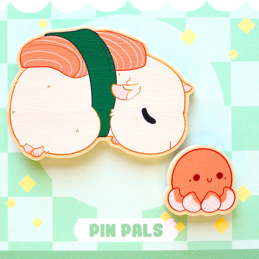 Wood Pin Set. Sushi Guineapig and Octopus Pin Pals.
