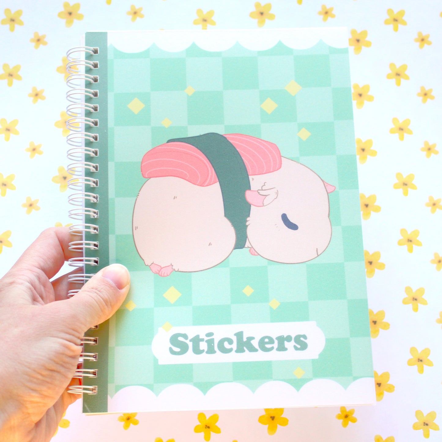 50 Page Sticker Keeper Book. Sleepy Sushi Guinea Pig. Reusable Sticker Album.