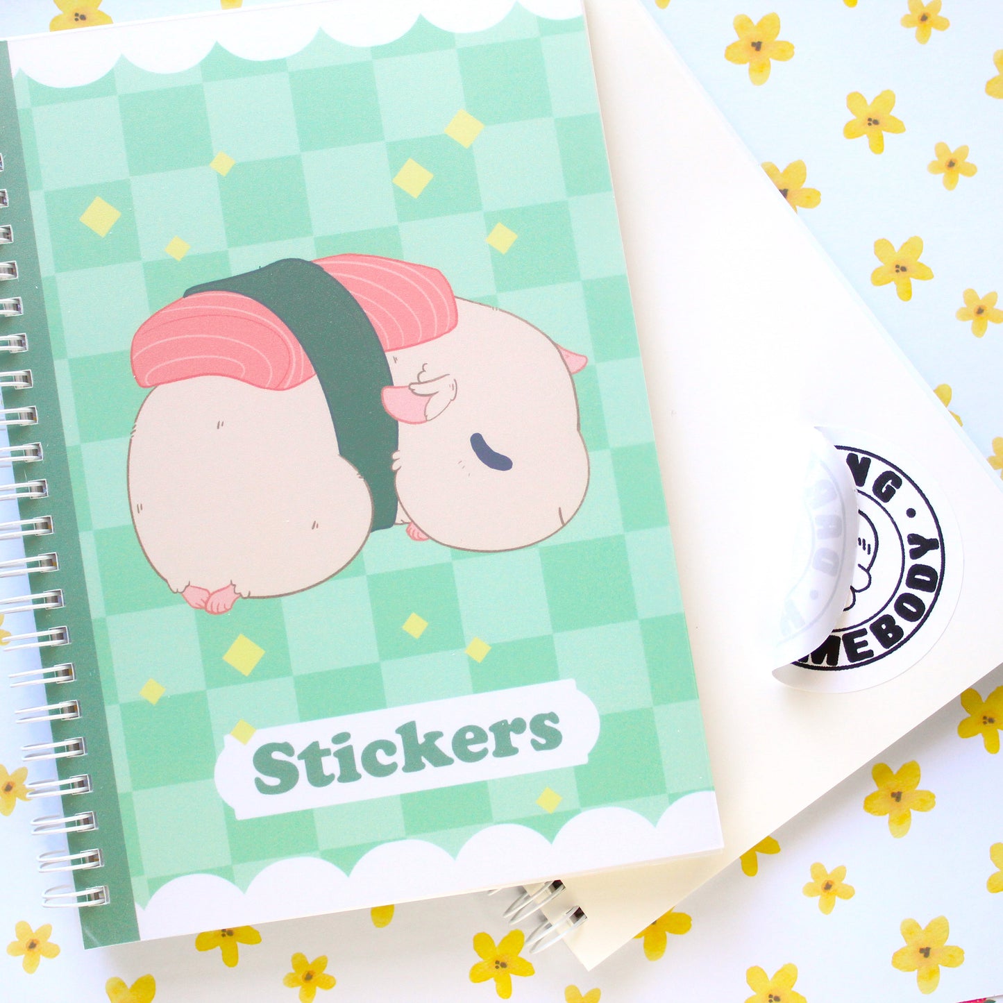 50 Page Sticker Keeper Book. Sleepy Sushi Guinea Pig. Reusable Sticker Album.