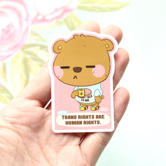 Trans Rights are Human Rights Sticker. Bear Drinking Coffee Decal.