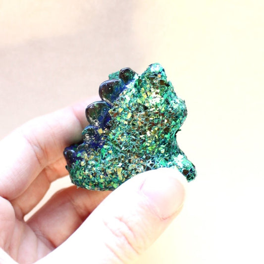 Moody Emerald Geode Dinocat Figure. Handmade Resin Art Toy Mini Fig / Adorable Cat Dinosaur / Desk Decoration Collectable / Chibi