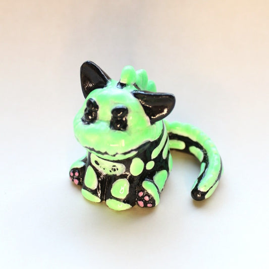 Glow-in-The-Dark Radioactive Skeleton Dinocat Figure. Handmade Resin Art Toy Mini Fig / Adorable Cat Dinosaur / Desk Decoration Collectable / Chibi