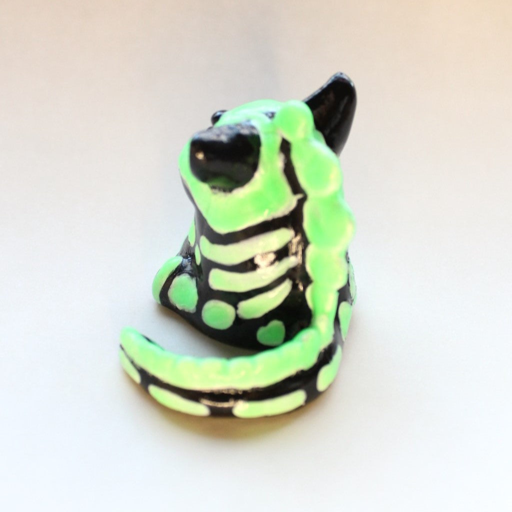 Glow-in-The-Dark Radioactive Skeleton Dinocat Figure. Handmade Resin Art Toy Mini Fig / Adorable Cat Dinosaur / Desk Decoration Collectable / Chibi