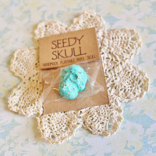 Single Teal Plantable Paper Skull / Seedy Skull Seed Bomb / Recycled Paper Pulp Craft / Spring Summer Small Gift / Wild Flowers