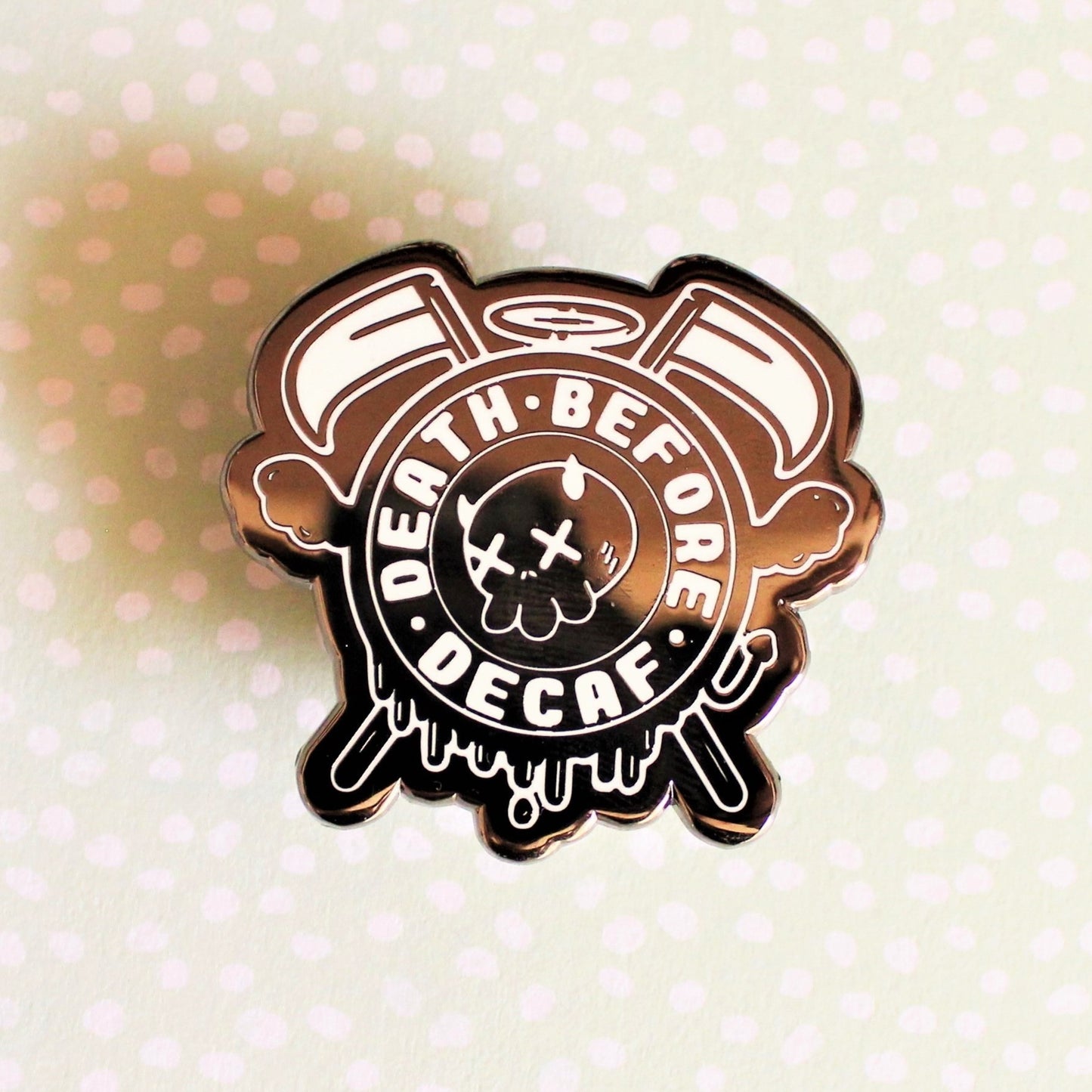 Death Before Decaf Enamel Pin. Coffee Lover Gift. Barista Life Lapel Pin. Skeleton Coffee Addict Hat Pin. Caffeine or Die Accessory.