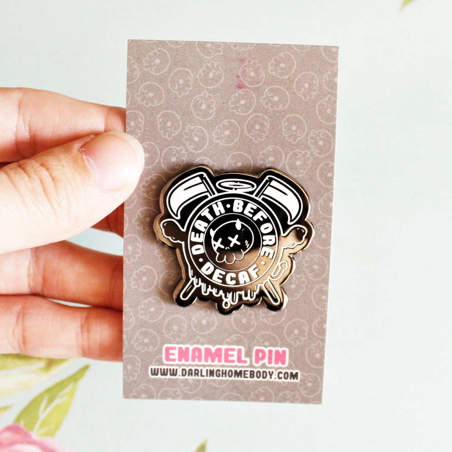 Death Before Decaf Enamel Pin. Coffee Lover Gift. Barista Life Lapel Pin. Skeleton Coffee Addict Hat Pin. Caffeine or Die Accessory.