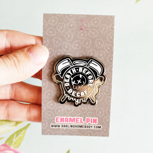 Death Before Decaf Enamel Pin. Coffee Lover Gift. Barista Life Lapel Pin. Skeleton Coffee Addict Hat Pin. Caffeine or Die Accessory.