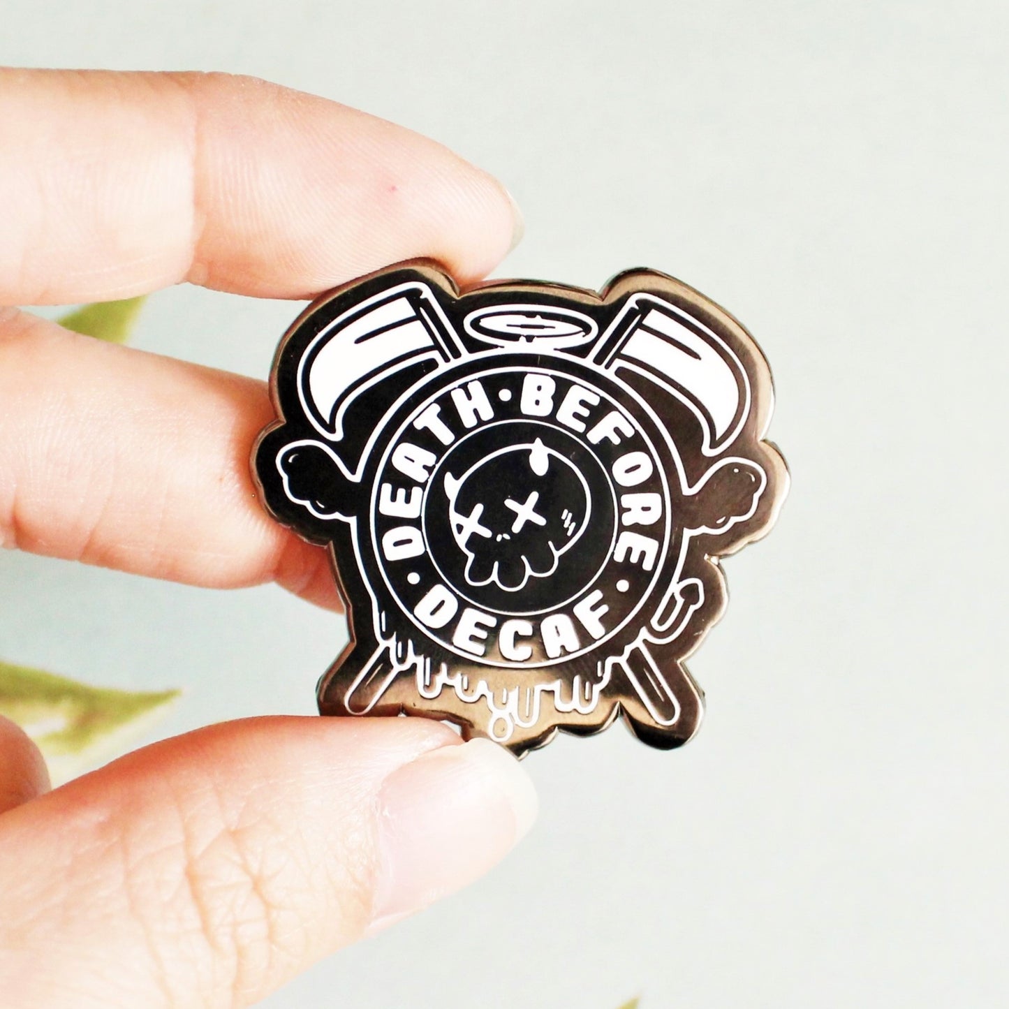 Death Before Decaf Enamel Pin. Coffee Lover Gift. Barista Life Lapel Pin. Skeleton Coffee Addict Hat Pin. Caffeine or Die Accessory.