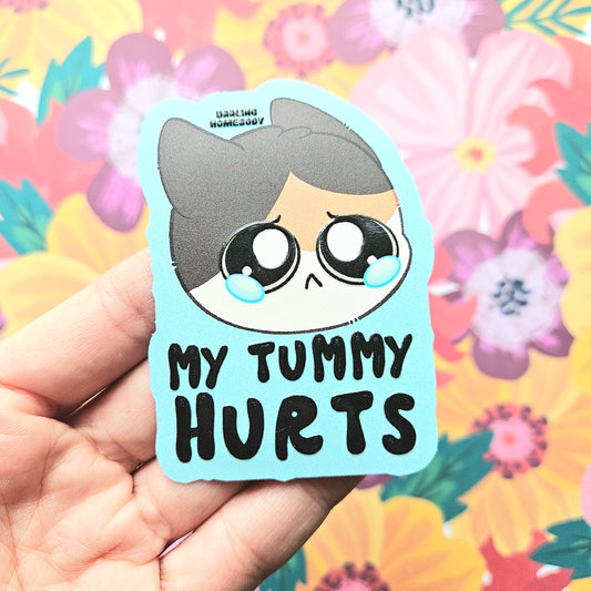 My Tummy Hurts Cat Embossed Sticker. Fun Textured Decal