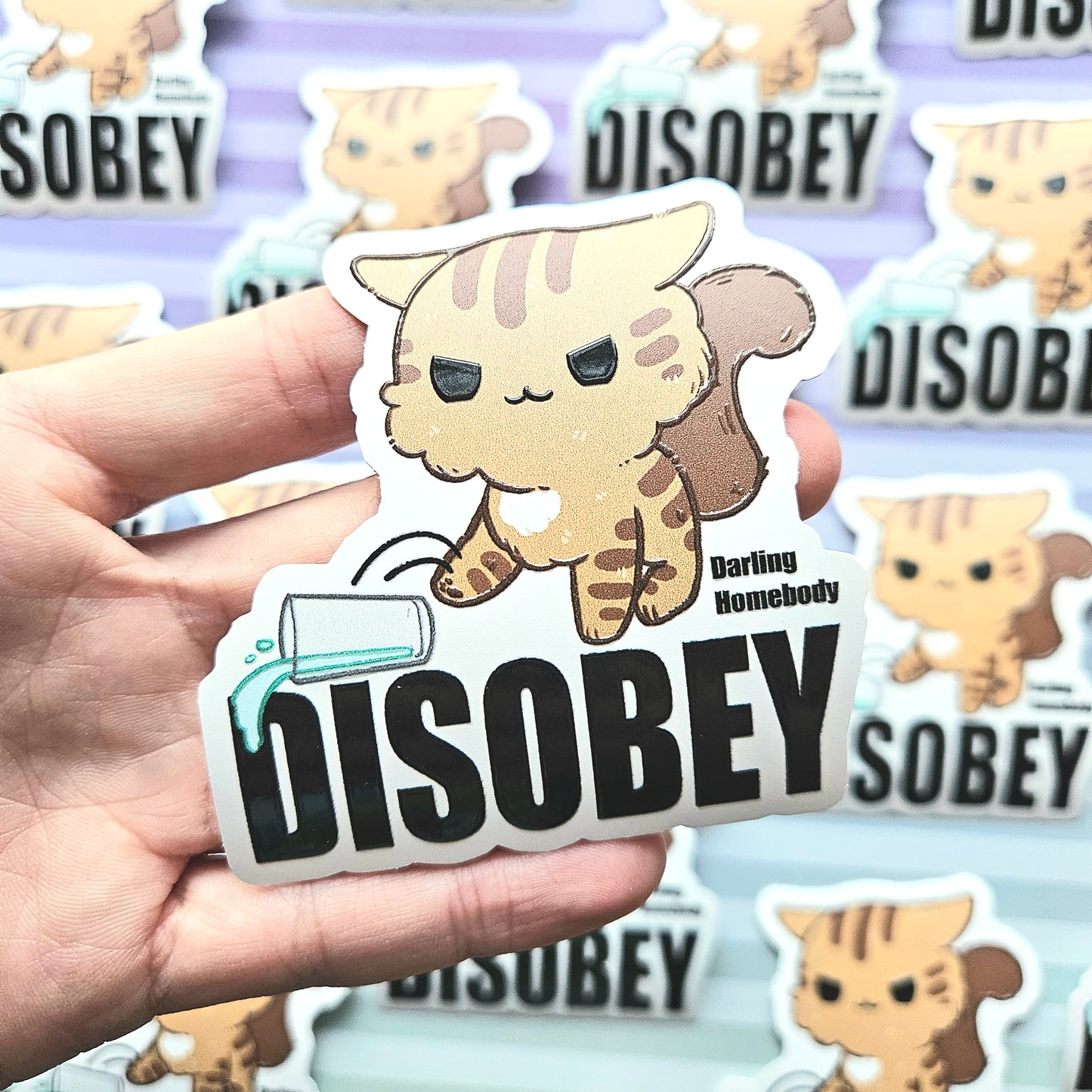 Disobey Cat Sticker Raised Texture Effect.