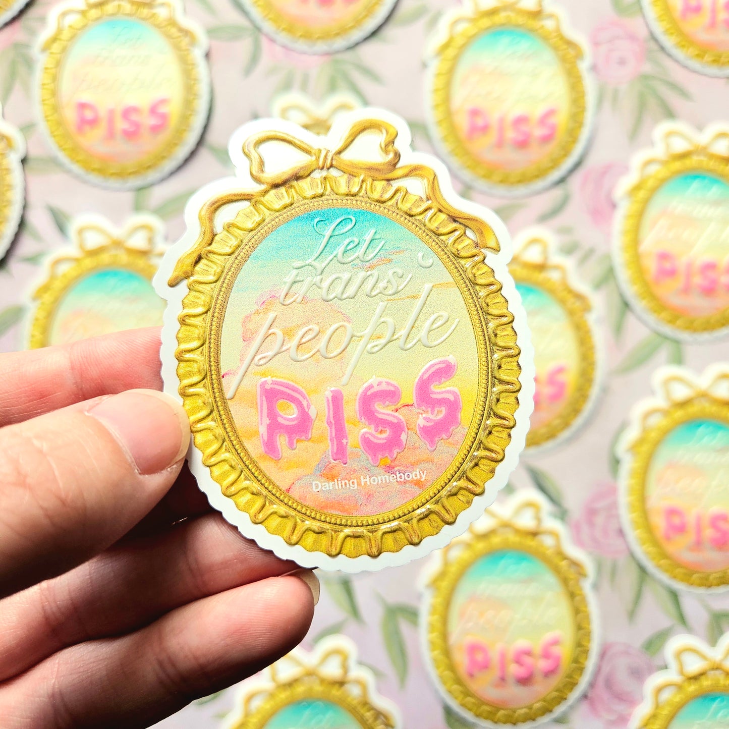 Let Trans People Pee Sticker. Coquette Embossed Decal.