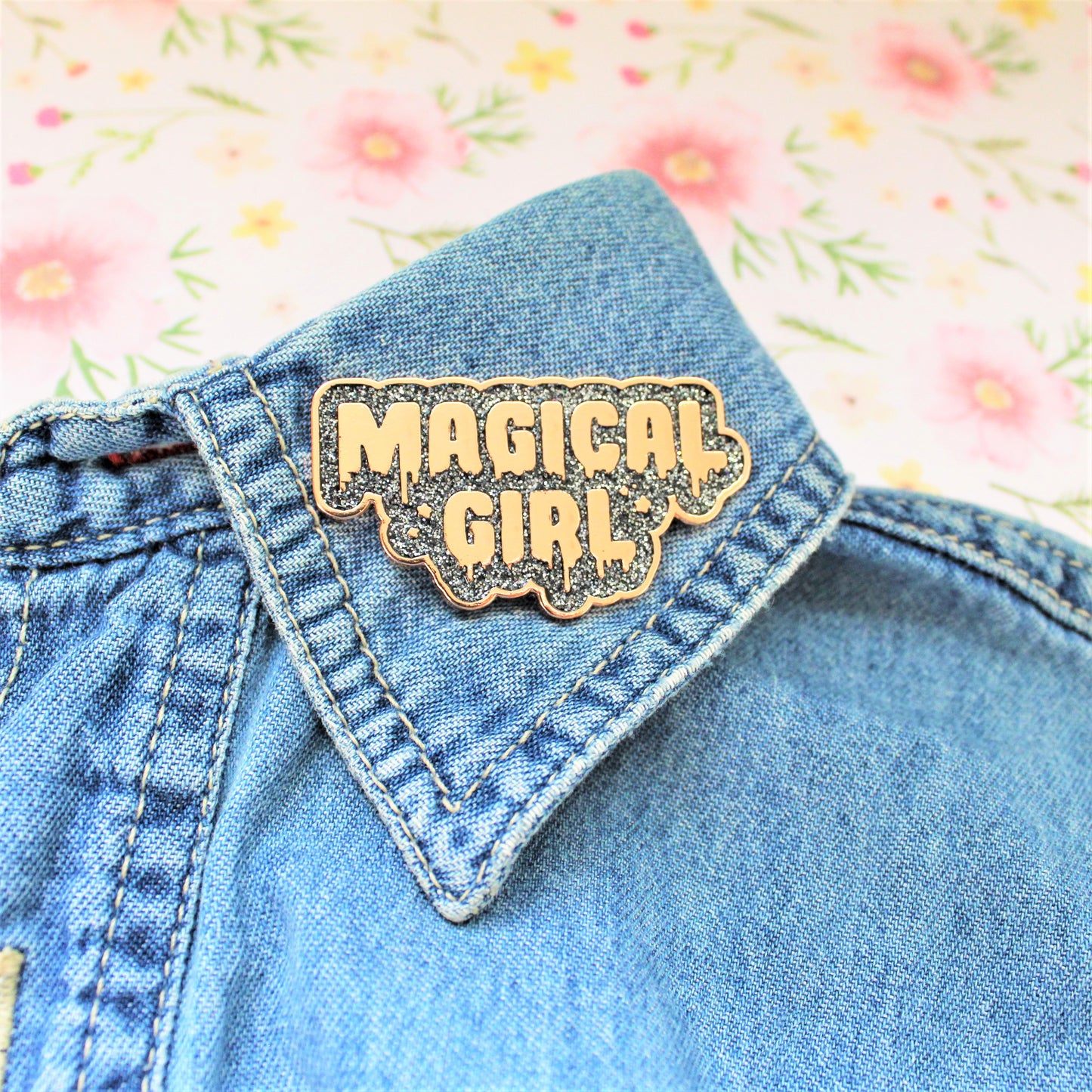 Magical Girl Enamel Pin. Rose Gold w Black Glitter. Sailor Moon Gift. Magical Goth Pin. Kawaii Aesthetic Metal Pin. Madoka Magica Pin.