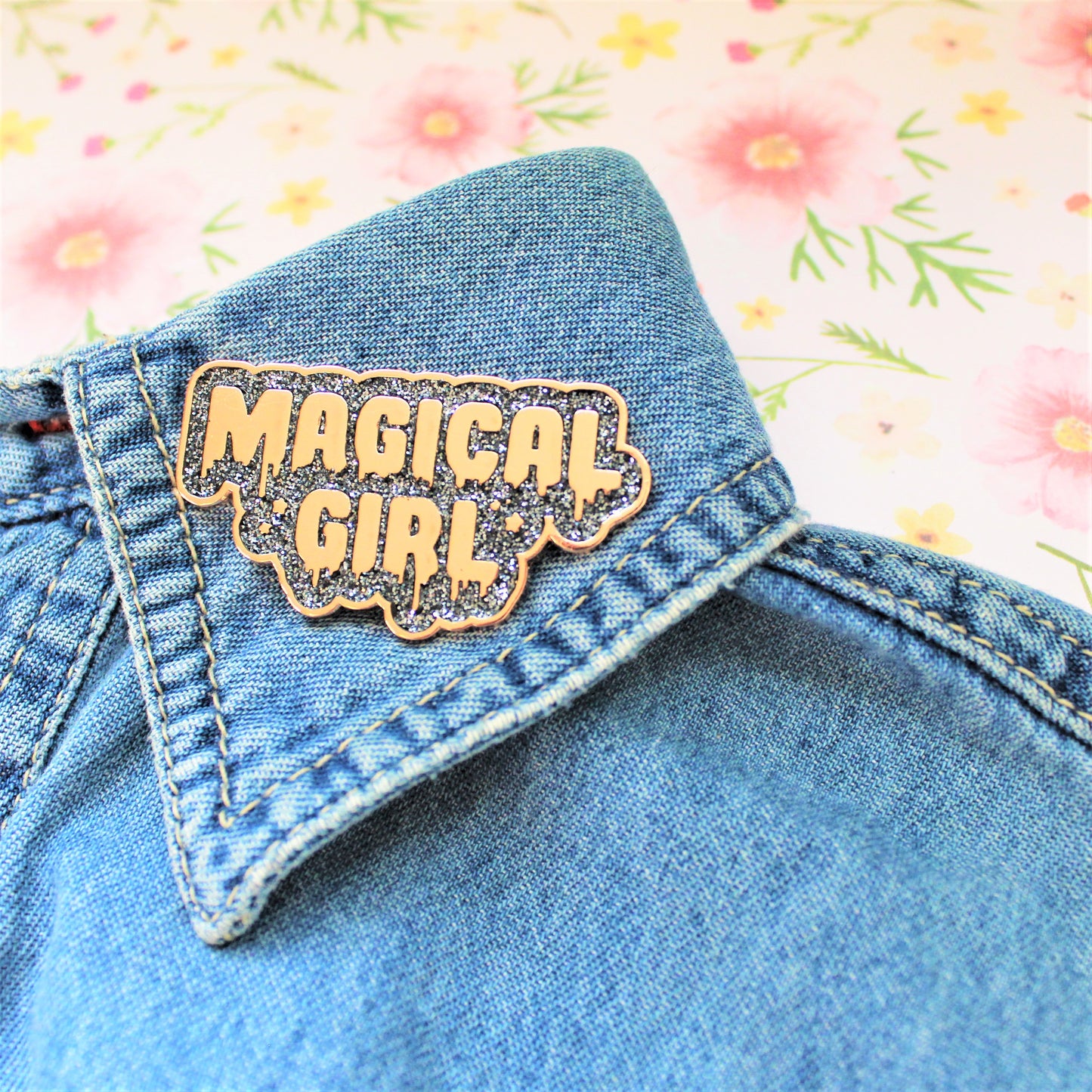 Magical Girl Enamel Pin. Rose Gold w Black Glitter. Sailor Moon Gift. Magical Goth Pin. Kawaii Aesthetic Metal Pin. Madoka Magica Pin.