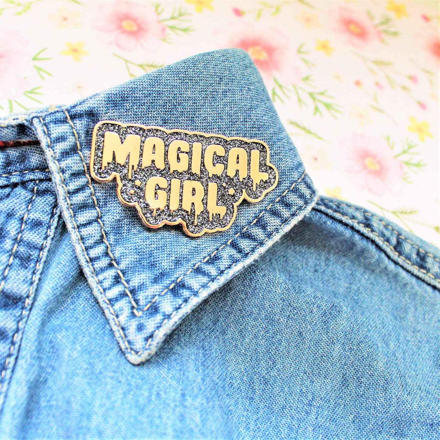 Magical Girl Enamel Pin. Rose Gold w Black Glitter. Sailor Moon Gift. Magical Goth Pin. Kawaii Aesthetic Metal Pin. Madoka Magica Pin.