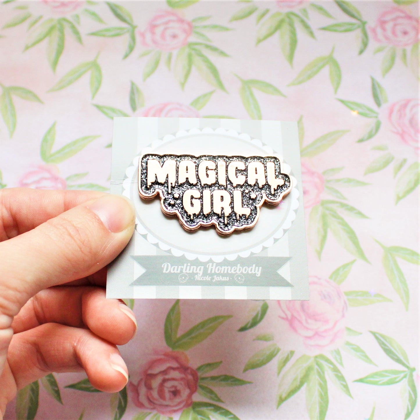 Magical Girl Enamel Pin. Rose Gold w Black Glitter. Sailor Moon Gift. Magical Goth Pin. Kawaii Aesthetic Metal Pin. Madoka Magica Pin.