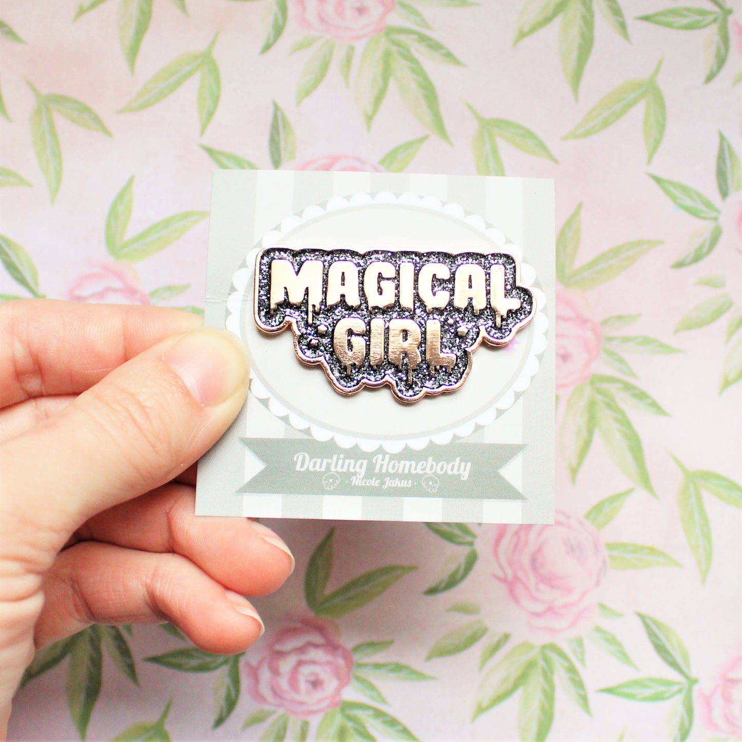 Magical Girl Enamel Pin. Rose Gold w Black Glitter. Sailor Moon Gift. Magical Goth Pin. Kawaii Aesthetic Metal Pin. Madoka Magica Pin.