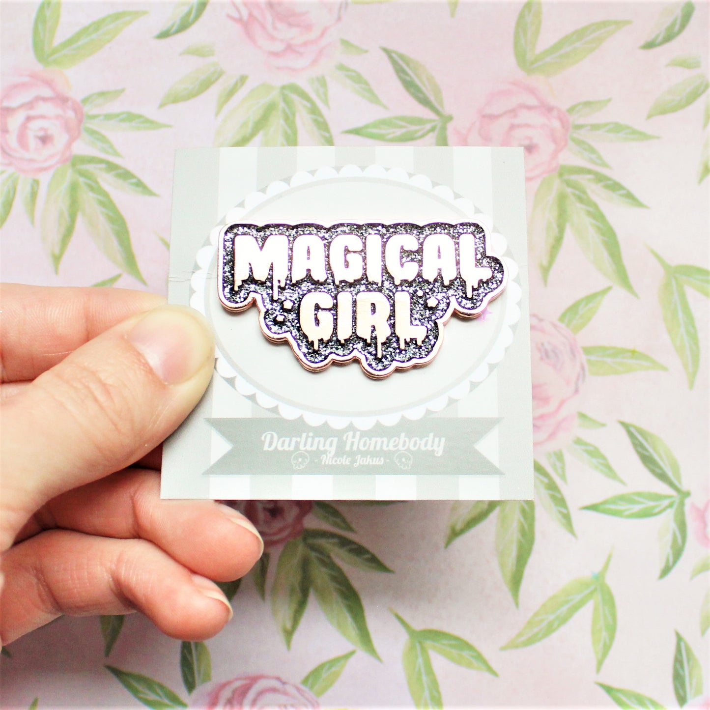 Magical Girl Enamel Pin. Rose Gold w Black Glitter. Sailor Moon Gift. Magical Goth Pin. Kawaii Aesthetic Metal Pin. Madoka Magica Pin.