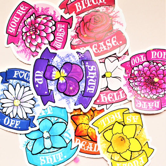 9 Pack of Stickers. Pack of Mean Flower Sayings. Funny Adult Decals. Snob Humor Gift. Rude Girl Stickers. Snarky Joke Sticker.