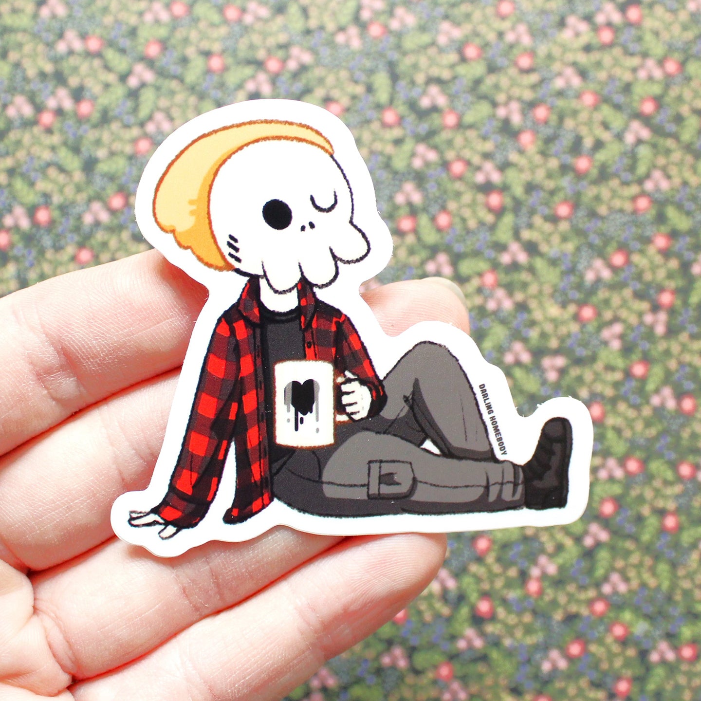 Skellie Coffee Sticker or Magnet. Weatherproof Vinyl. Skeleton Original Character. Horror Character with Coffee.