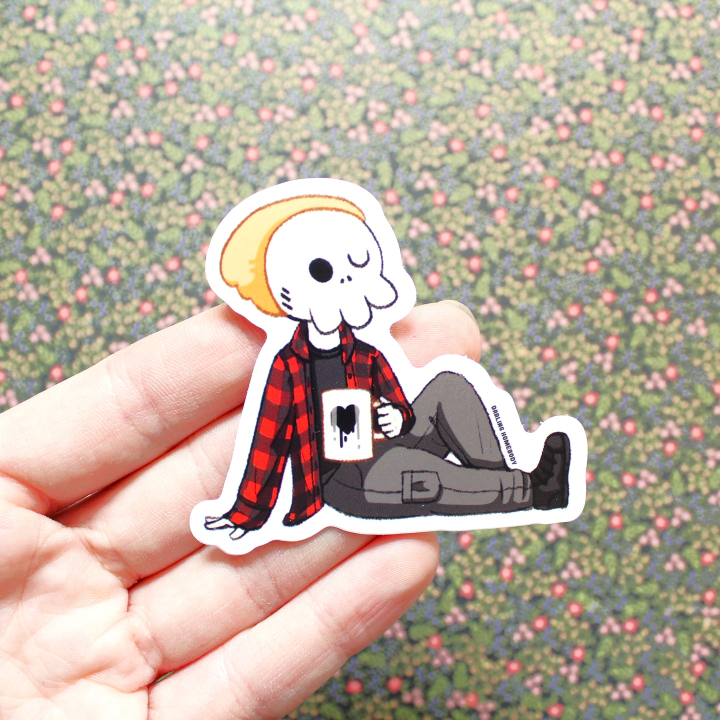 Skellie Coffee Sticker or Magnet. Weatherproof Vinyl. Skeleton Original Character. Horror Character with Coffee.