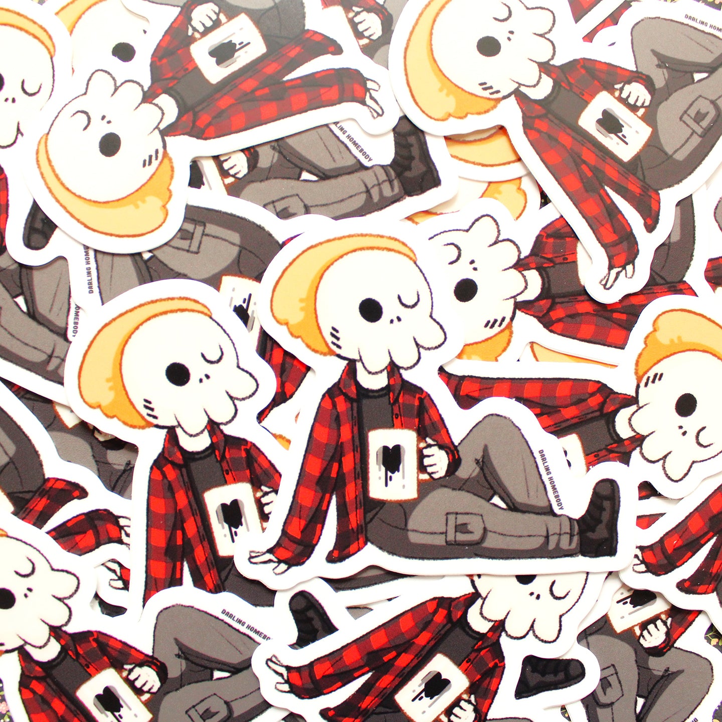 Skellie Coffee Sticker or Magnet. Weatherproof Vinyl. Skeleton Original Character. Horror Character with Coffee.