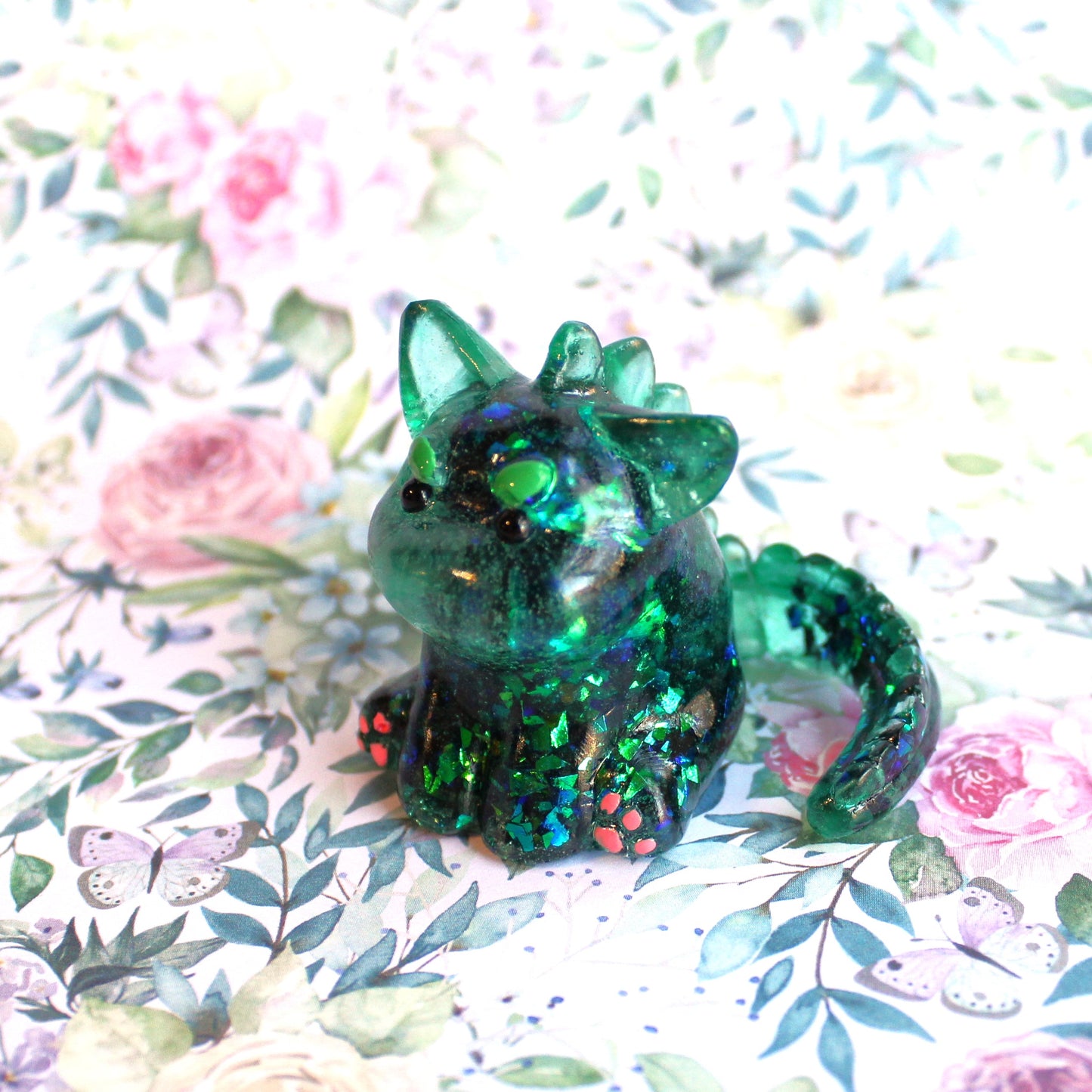 Teal Shard Glitter Dinocat Figure. Handmade Resin Art Toy Mini Fig / Adorable Cat Dinosaur / Desk Decoration Collectable / Chibi