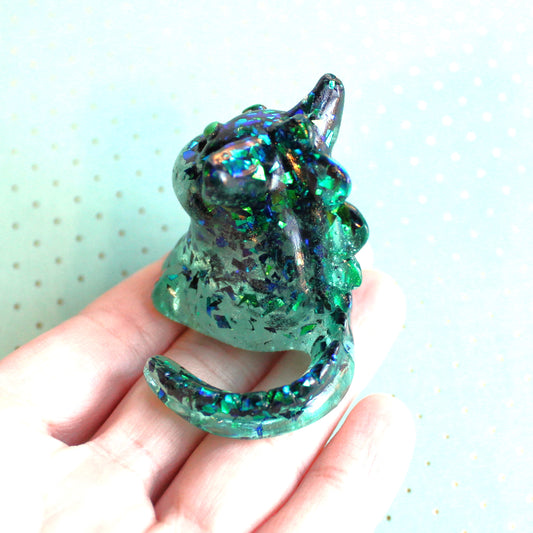 Teal Shard Glitter Gradient Dinocat Figure. Handmade Resin Art Toy Mini Fig / Adorable Cat Dinosaur / Desk Decoration Collectable / Chibi
