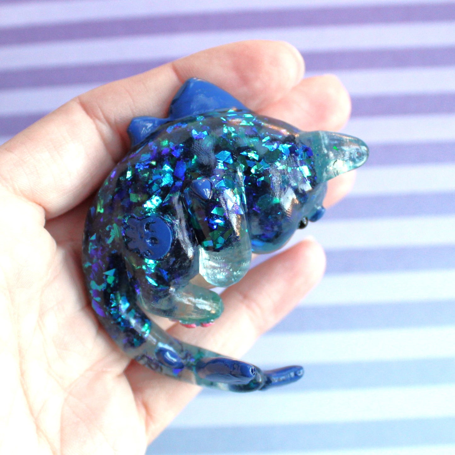 Teal Glitter Shards Cat Shark Figure. Handmade Resin Art Toy Mini Fig. Desk Decoration Collectable. Chibi