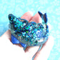 Teal Glitter Shards Cat Shark Figure. Handmade Resin Art Toy Mini Fig. Desk Decoration Collectable. Chibi