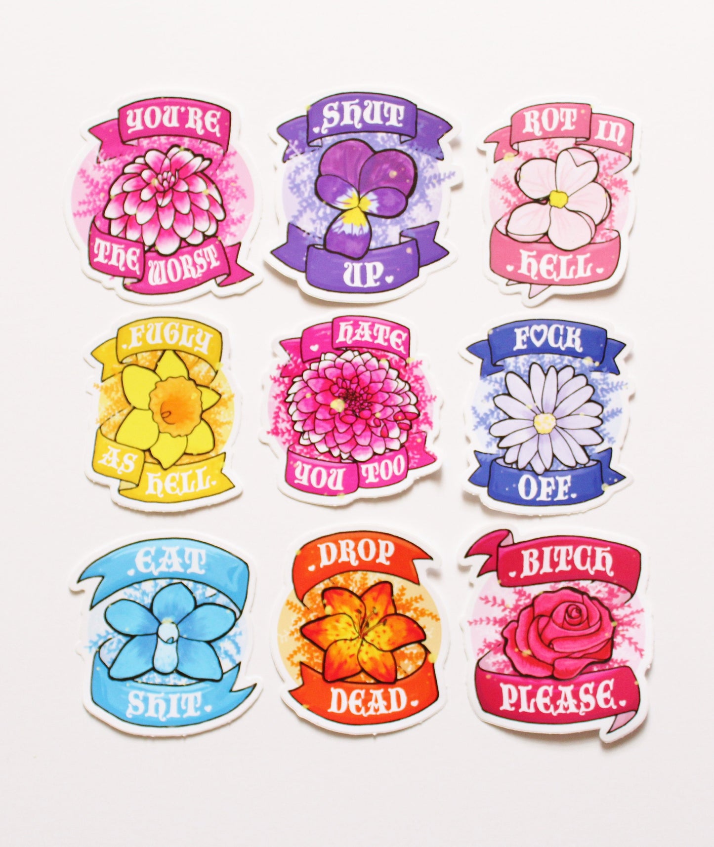 9 Pack of Stickers. Pack of Mean Flower Sayings. Funny Adult Decals. Snob Humor Gift. Rude Girl Stickers. Snarky Joke Sticker.