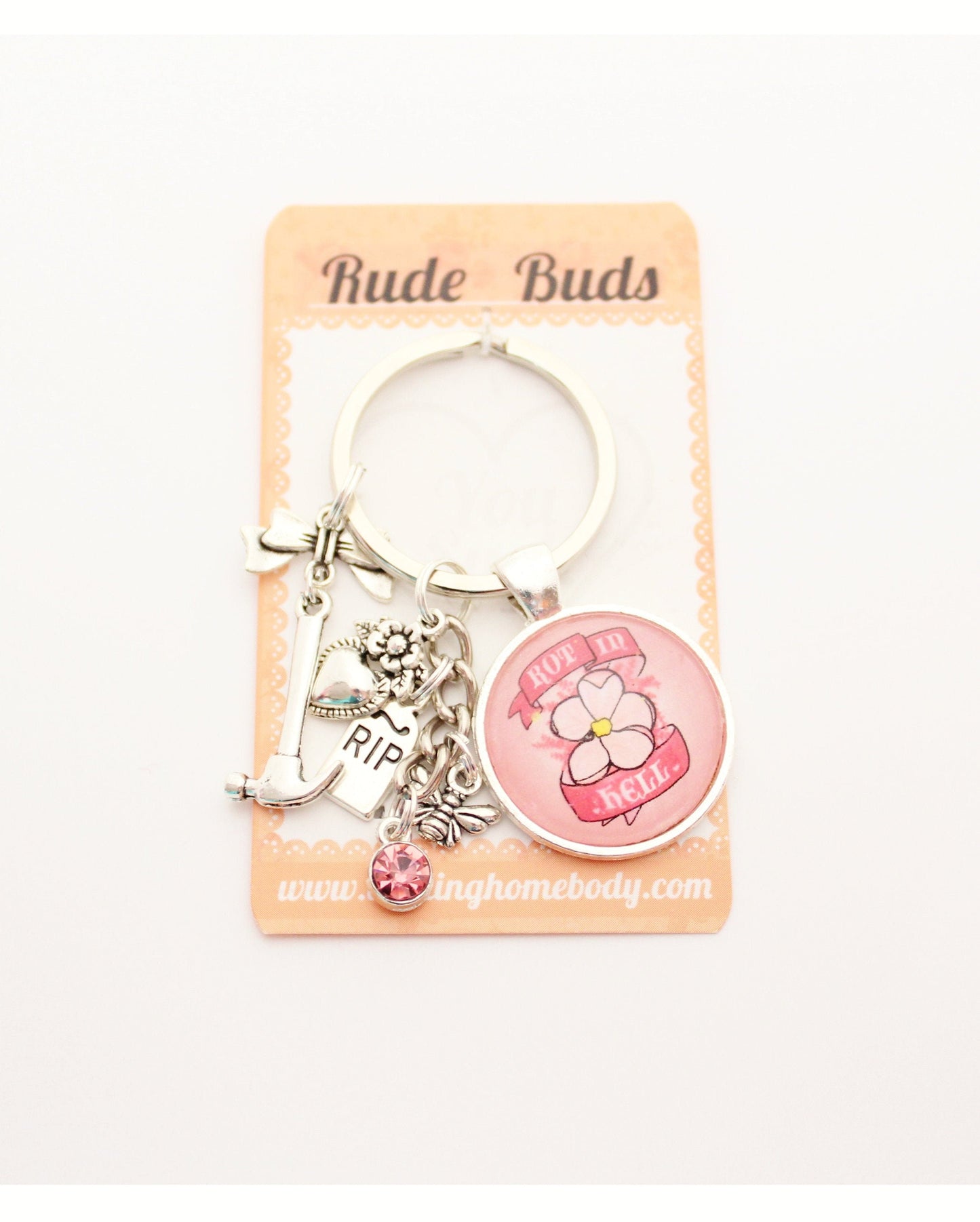 Rot in Hell Rude Buds Key Chain. Funny Sarcastic Floral Accessory. Pink Pastel Cherry Blossom Flower Keychain. Bridesmaids Gifts for Her.