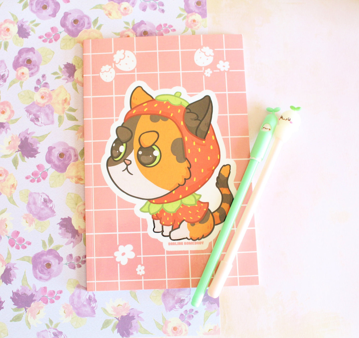 Cat Notebook Journal. Pink Lined Strawberry Diary. Kawaii Stationary. Blank Book. Bullet Journal Agenda. Cute Gift. Cat Stationary.