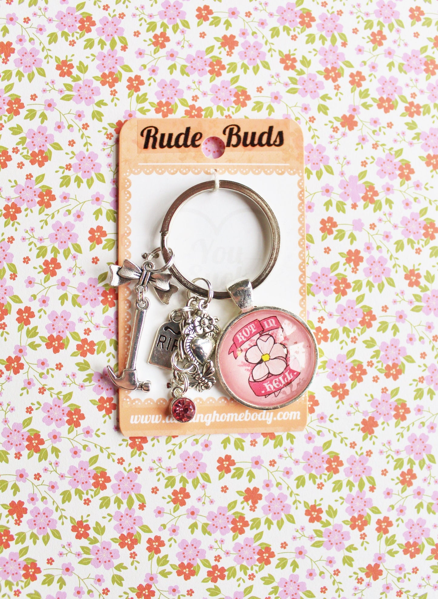 Rot in Hell Rude Buds Key Chain. Funny Sarcastic Floral Accessory. Pink Pastel Cherry Blossom Flower Keychain. Bridesmaids Gifts for Her.