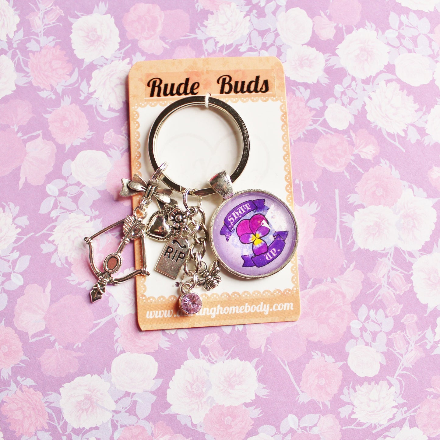 Shut Up Rude Buds Key Chain. Flower Sarcastic Keychains for Women. Bag Accessories. Floral Pastel Punk Keychain Charm. Gift for Car Keys.