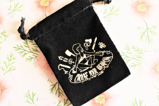 Small Black Velvet Pouch. Drawstring Crystal Bag. Jewelry Holder. Tarot Gift. Witchy Present. Choose Your Weapon. Silver Screen Print.