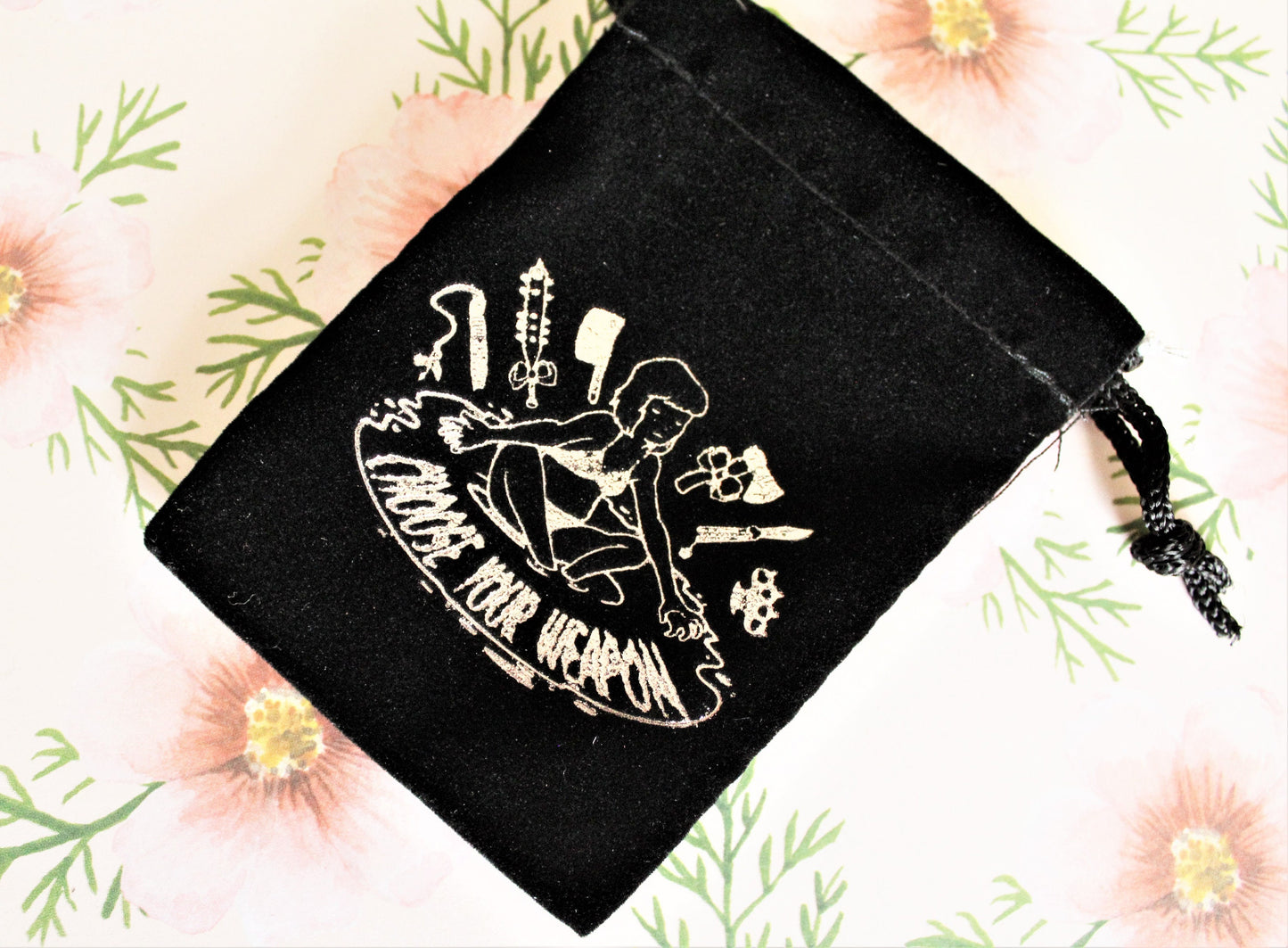 Small Black Velvet Pouch. Drawstring Crystal Bag. Jewelry Holder. Tarot Gift. Witchy Present. Choose Your Weapon. Silver Screen Print.