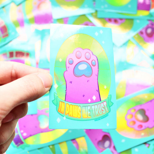 Weatherproof Vinyl Sticker. Pastel Holographic In Paws We Trust Sticker. Kawaii Cat Vinyl Sticker. Chonky Cat Witch Decal. Shiny Altar Decal