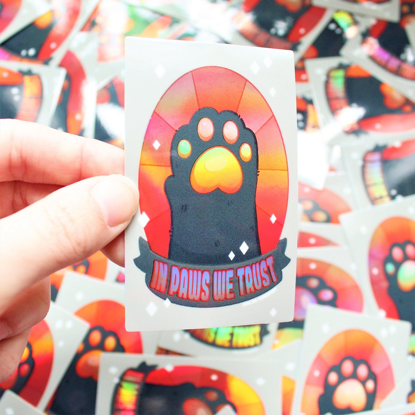 Weatherproof Vinyl Sticker. Goth Holographic In Paws We Trust Sticker. Black Cat Vinyl Sticker. Chonky Cat Witch Decal. Shiny Altar Decal